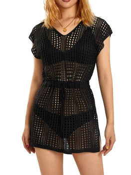 Women Bikini Cover Short Sleeve Solid Color Cutout Beach Swimwear Summer Pool Smock Dress 1