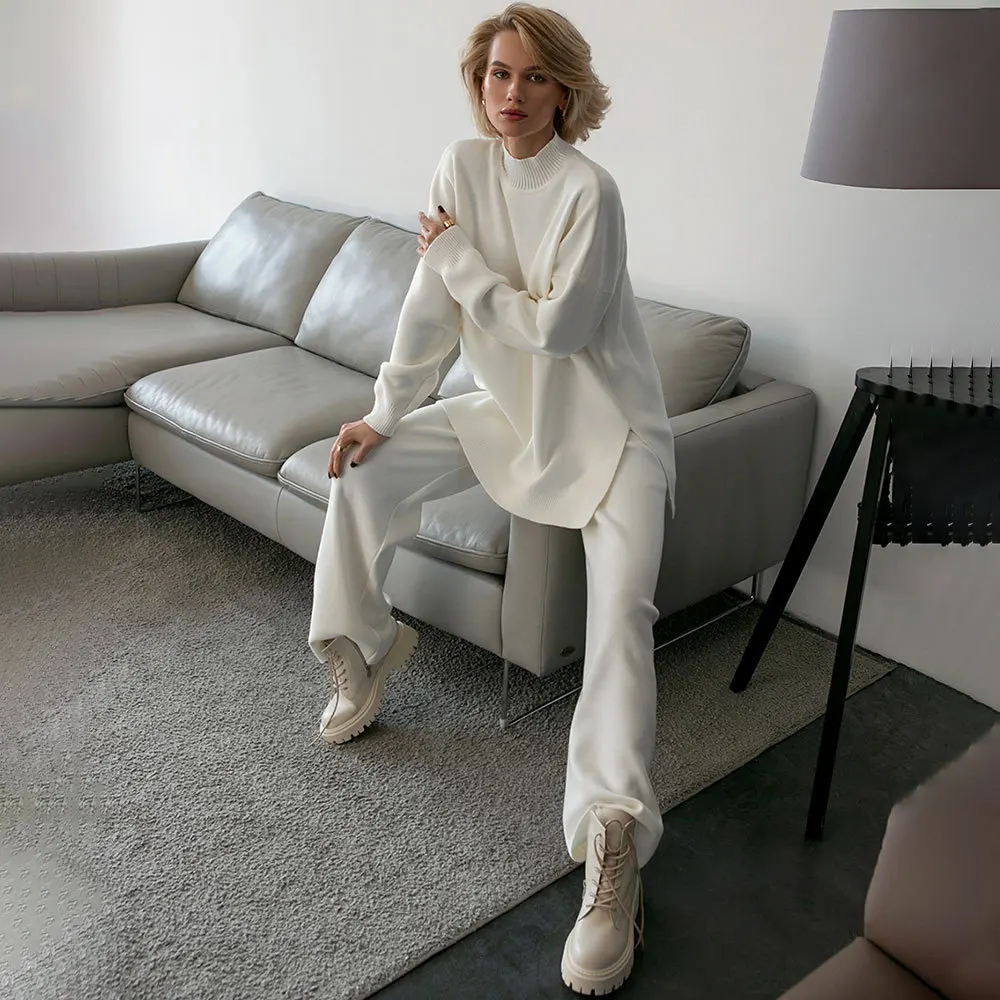 Autumn Winter Knit 2 Pieces Sweater Women Sets High Street Outfits Solid Pullover Tracksuit Straight Jogging Pants Suits Y2k New