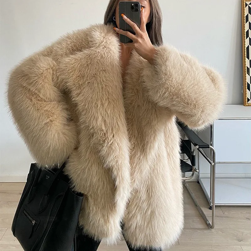 

2024 fashion elegant Korean Winter New Fox Hair Imitation Mid length Suit Collar Hair Imitation Fur Coat