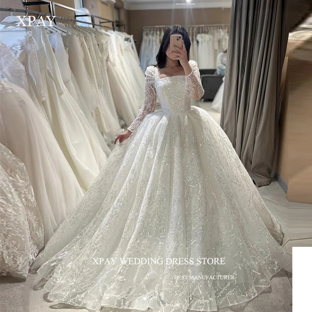 Женское свадебное платье XPAY, блестящее кружевное платье с длинным рукавом и квадратным вырезом, свадебное платье принцессы, лето 2019 Женское свадебное платье XPAY, блестящее кружевное платье с длинным рукавом и квадратным вырезом, свадебное платье принцессы, лето 2019