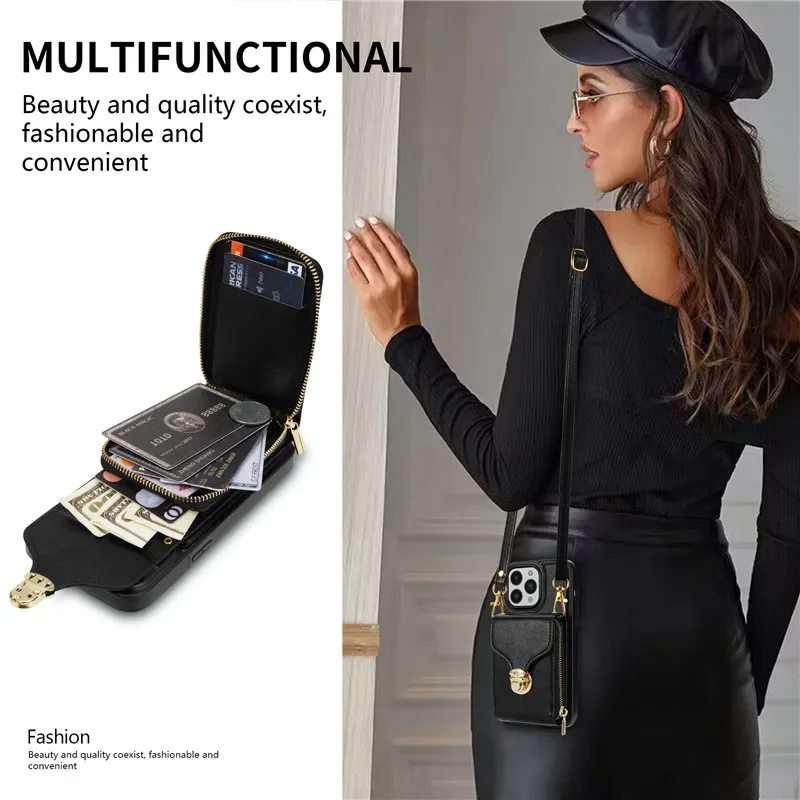 Leather Crossbody Lanyard Wallet Phone Case with Zipper and Flip Stand Cover
