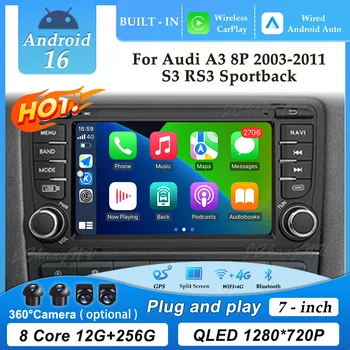 Navigatore GPS 7 pollici 4G Wifi Autoradio Android 16 per Audi A3 8P 2003-2011 S3 RS3 Sportback CarPlay Lettore Multimediale Video DSP