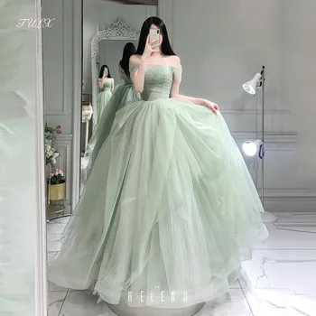 TULX Fairy Green Tulle Evening Dress Korea Photo Shoot Strapless Off Shoulder Bridal Party Dress A line Log Corset Customized 1