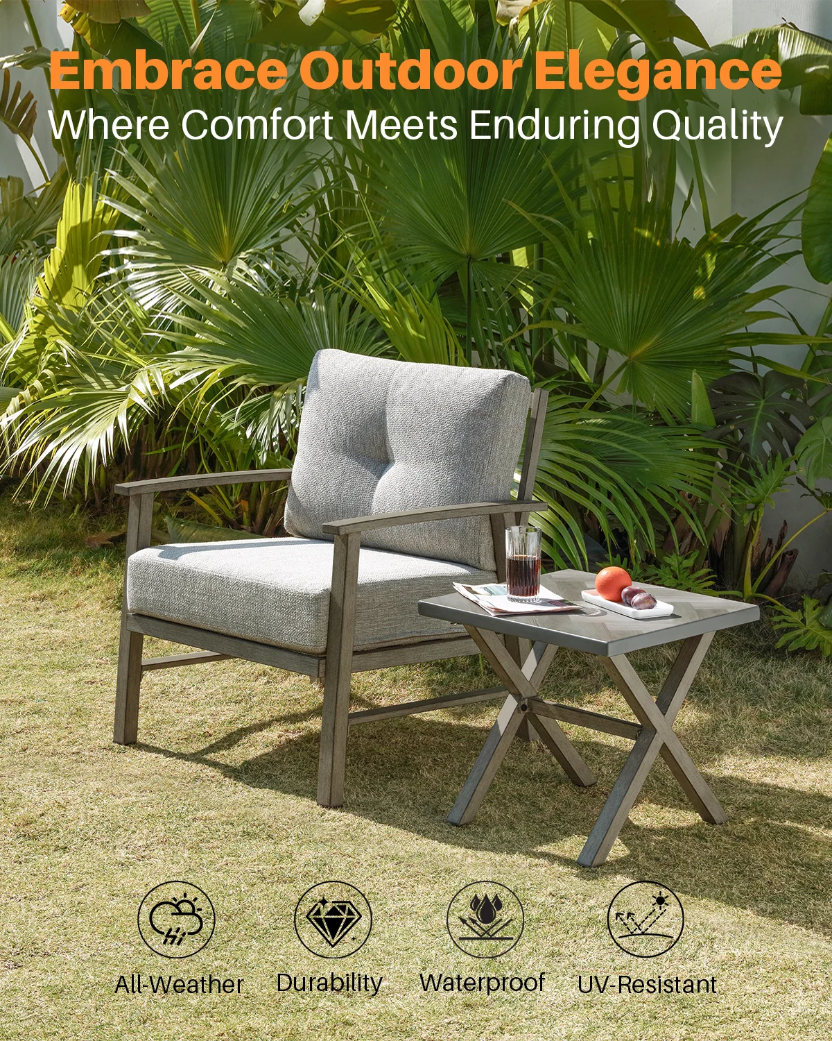 SeeHill Aluminum Patio Furniture Set, 3 Piece Outdoor Patio Bistro Set Conversation Set with Cushions for Porch, Lawn, Limed Oak 3