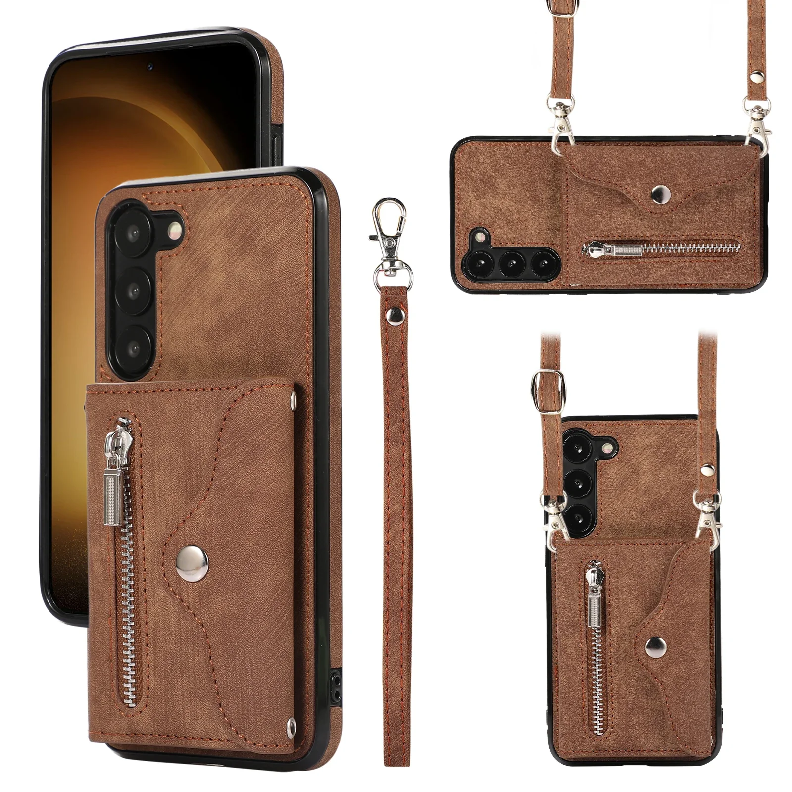 Elegant Crossbody Leather Zipper Wallet with Card Slots and Long Lanyard
