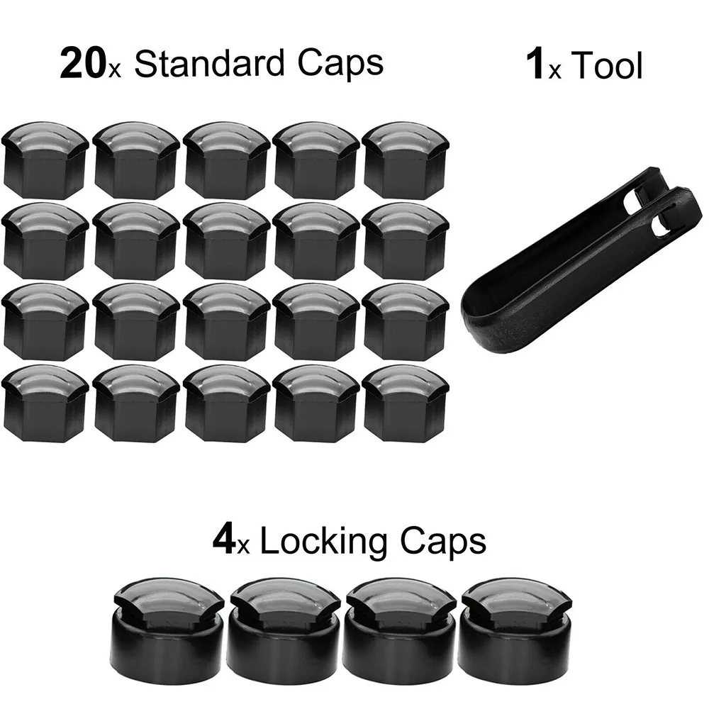 20 szt. Standardowa nasadka 17mm + 4 szt. Nakrętka z blokadą 23mm + 1x narzędzie do usuwania czarna plastikowy krążek nakrętka nakrętki i śruby 16mm x 17mm x 23mm