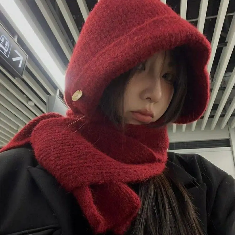 New Winter Women Knitted Balaclava Hat One-Piece Thickened Scarf Cap Outdoor Warm Neck Protection Hooded Caps Winter Accessories