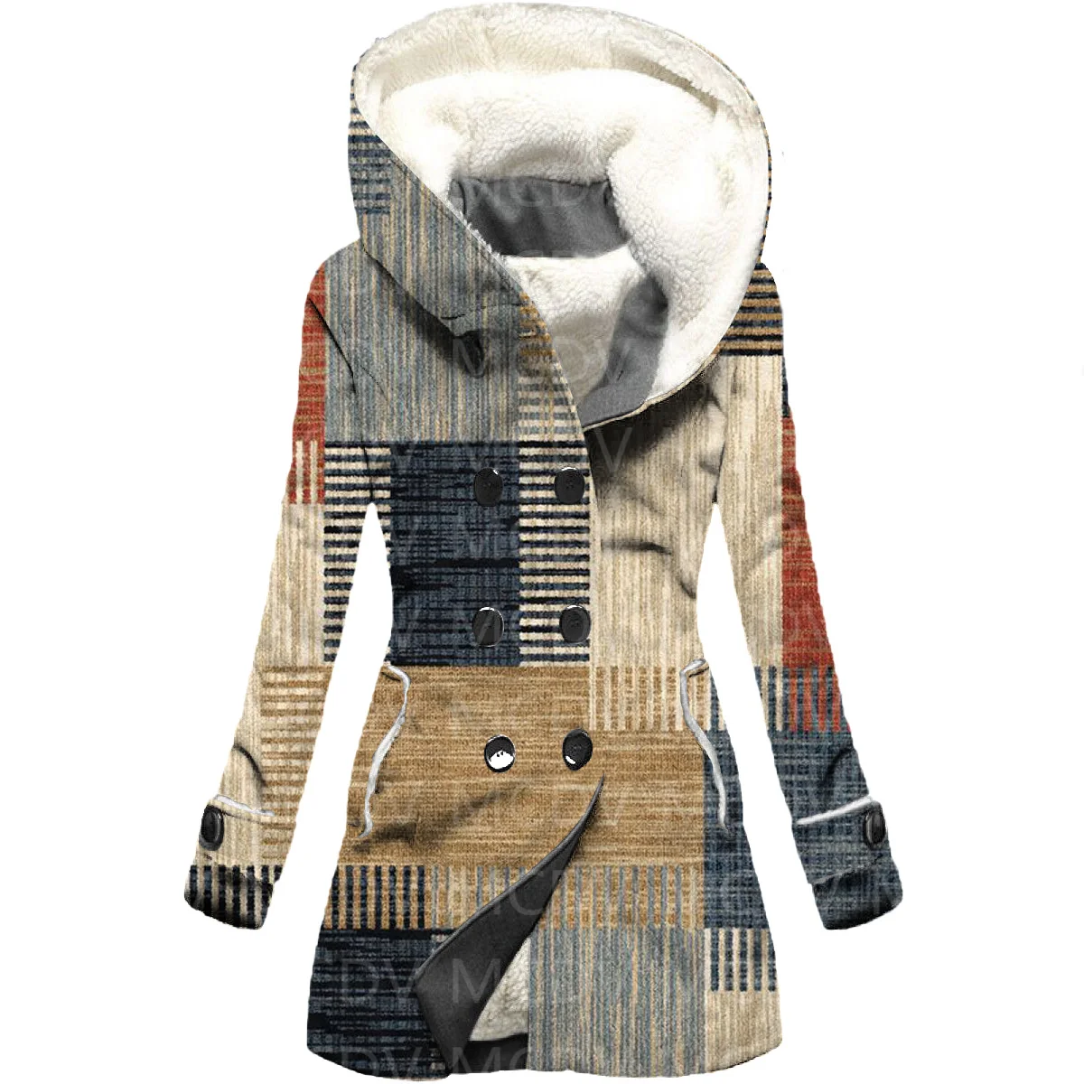 

Retro Totem 3D Printing Fleece Hooded Cloak Women Thick Warm Coat Women's Winter Warm Overcoat 01