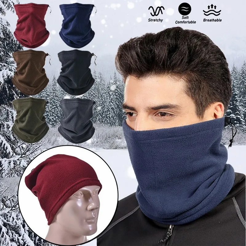 Fleece Neck Warmer Drawstring Windproof Face Cover Cycling Scarves For Men Bandana Mask Solid Color Multi-functional Scarf