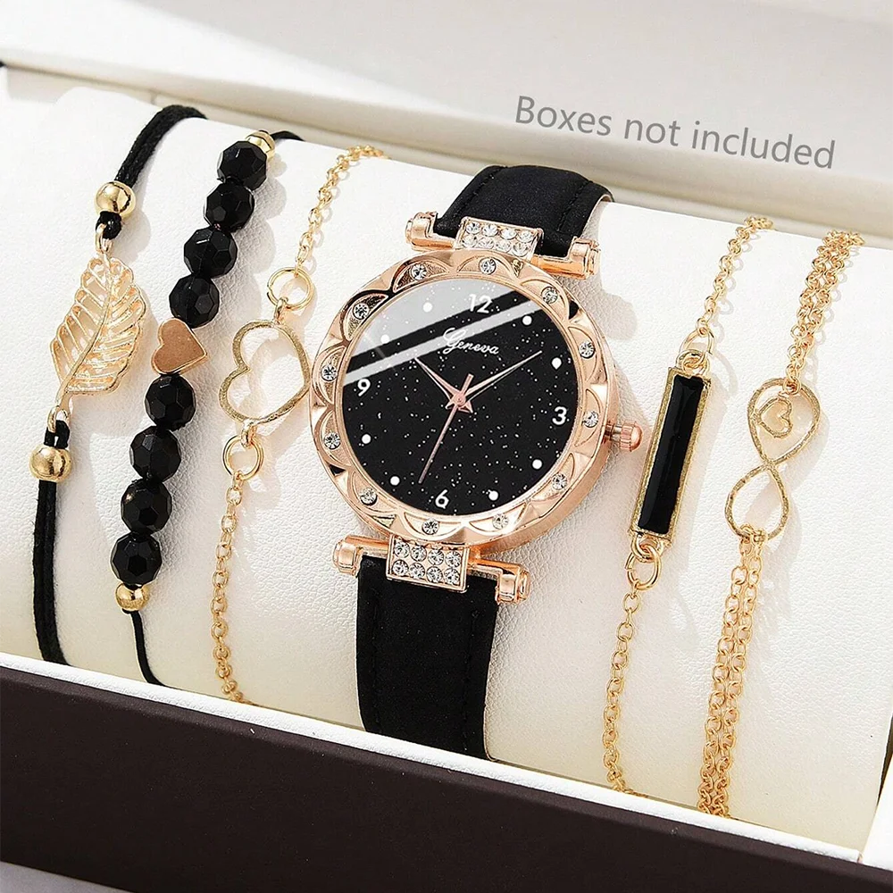 6-teiliges Set Uhr für Frauen Luxus Leder Analog Damen Quarz Armbanduhr - Bild 27 von 30