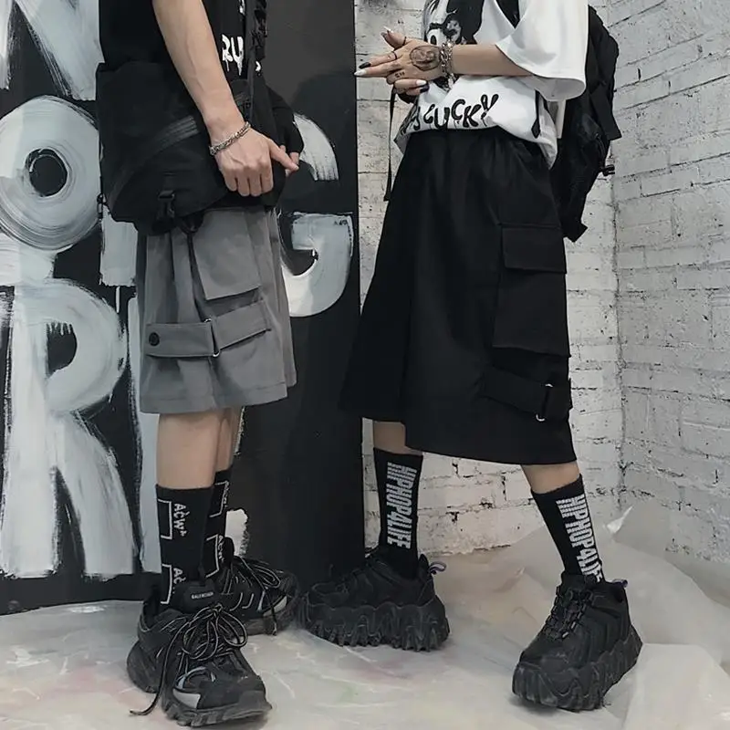 Summer Solid Color Elastic Waist Loose Casual Knee Length Cargo Pants Man Korean Style Street Motion All-match Straight Shorts