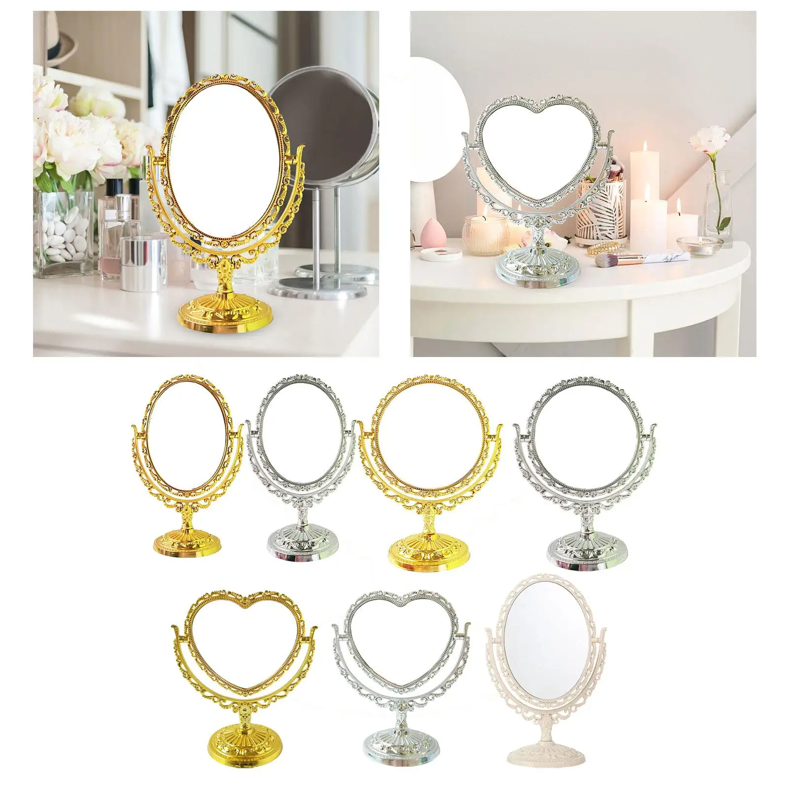 Tabletop Makeup Mirror Elegant Decorative 360 Degree Rotation Desktop Stand Mirror for Vanity Bedroom Bath Hotel Dressing Room