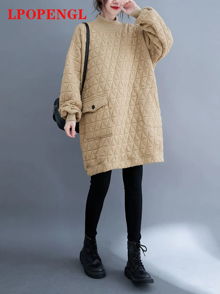 

2022 Autumn And Winter New Literary Retro Loose Casual Solid Color Quilted Mid-length Turtleneck Sweatshirt Straight Dress Top