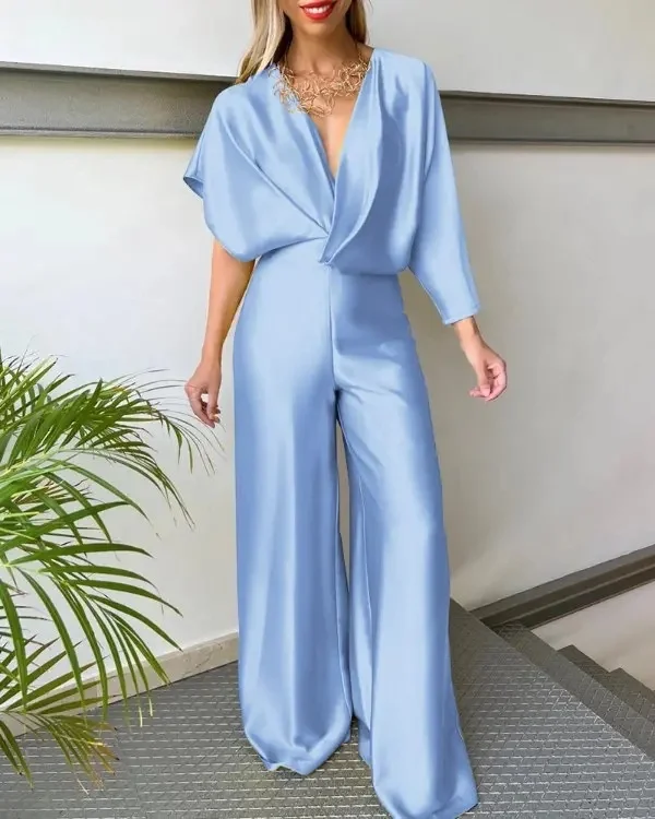 

Zoctoo Fashion Temperament One-piece Solid Satin Jumpsuit Personality Asymmetrical Overalls Bat Sleeve Waist Wrapped Playsuit
