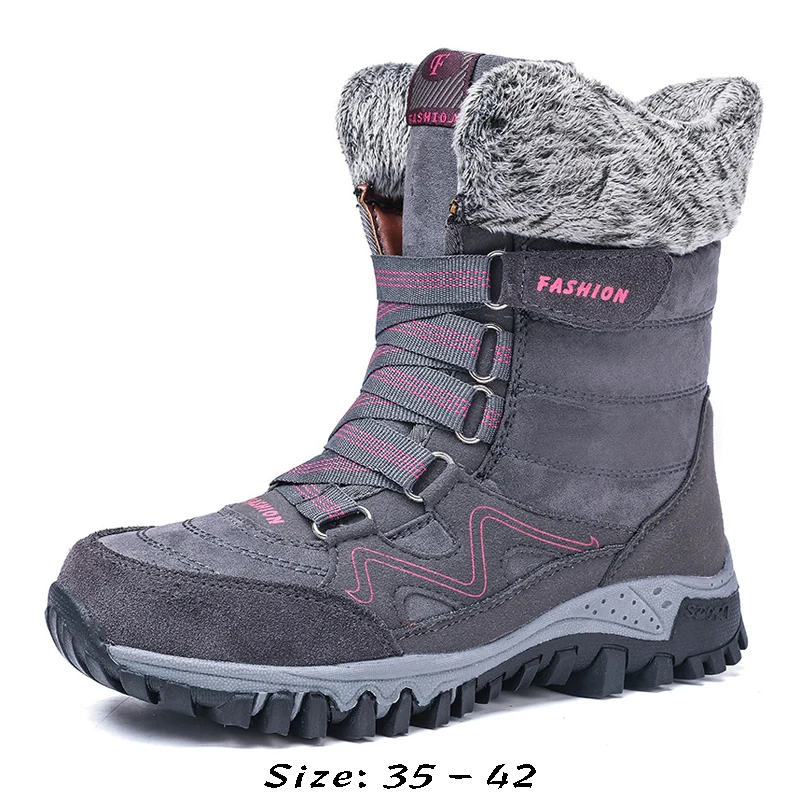 High quality genuine leather snow boots for women new 2023 winter size 41 42 outdoor plush warm walking shoe black grey red