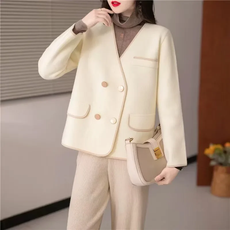 

2023 Autumn Winter Faux Mink Cashmere Sweater Coat Women Double-Breasted Imitation Double-Faced Woolen Knitted Cardigan Women