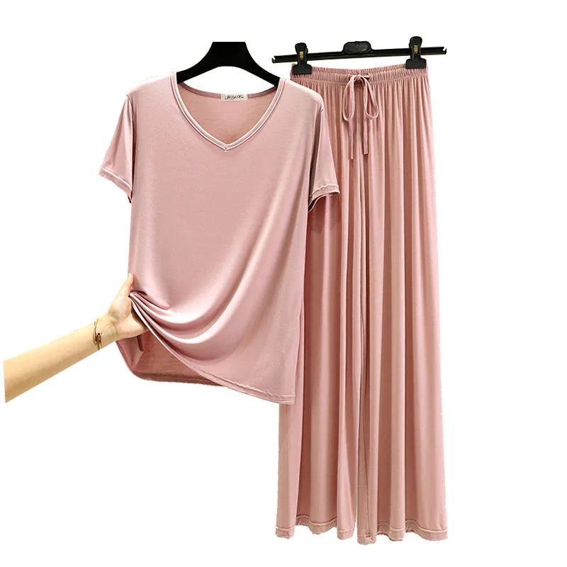 Modal Homewear Pajamas set Short sleeve Tops and Trousers Solid color Casual Loose Sleepwear suit Plus size Nightwear 2pcs women pajamas set women pajama suit cotton pajamas set