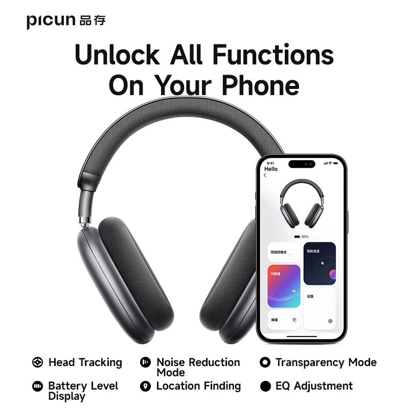 Picun F8 Pro ANC Wireless Headphones 3D Spatial Audio Head Tracking -52dB ANC HIFI Bluetooth Headset ENC HD Mic Low-Latency APP 5