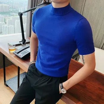 남성용 하프 터틀넥 니트 티셔츠, 반팔 슬림 핏 솔리드 풀오버, 캐주얼 스트레치 스웨터 티, 고품질, 가을