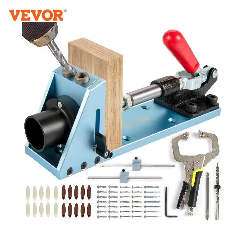 VEVOR Pocket Hole Jig Kit System Wood Doweling Jig Set Carpenter Joinery Woodworking Carving Tools w/ Extension Clamp 200 Screws