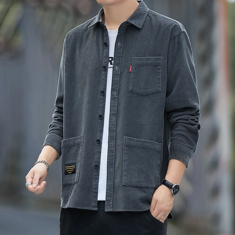 Spring Autumn Turn-down Collar Men's Solid Pockets Button Embroidered Letter Long Sleeve Cardigan Shirt Coats Casual Formal Tops