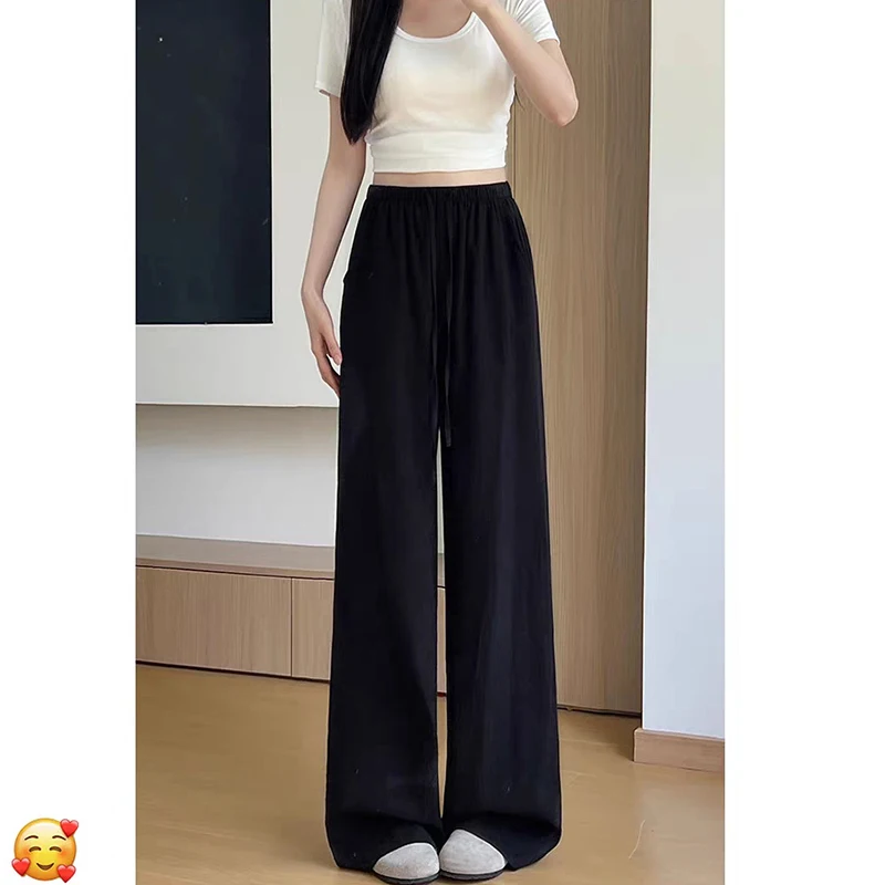 Spring Summer Cotton Linen Wide Leg Pants Women Solid Color High Waist Straight Trousers Woman 2026 Lace Up Casual Pants Female