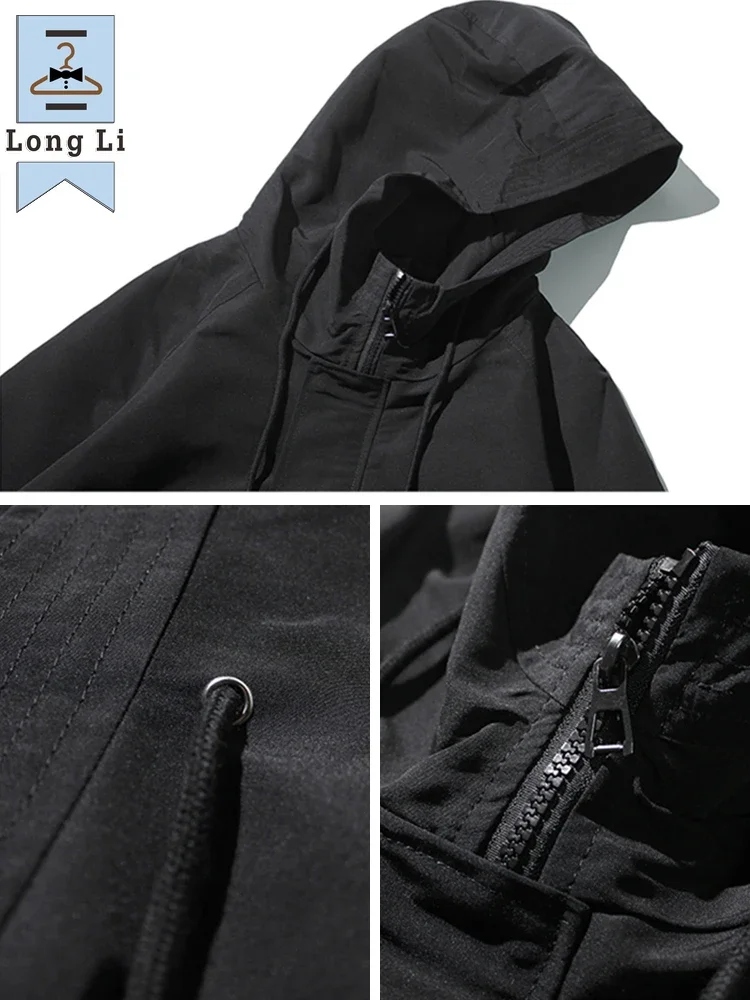Spring Autumn Long Trench Coat Men Fashion Hooded Windbreaker Black Overcoat Casual Jackets Big Size 6XL 7XL 8XL