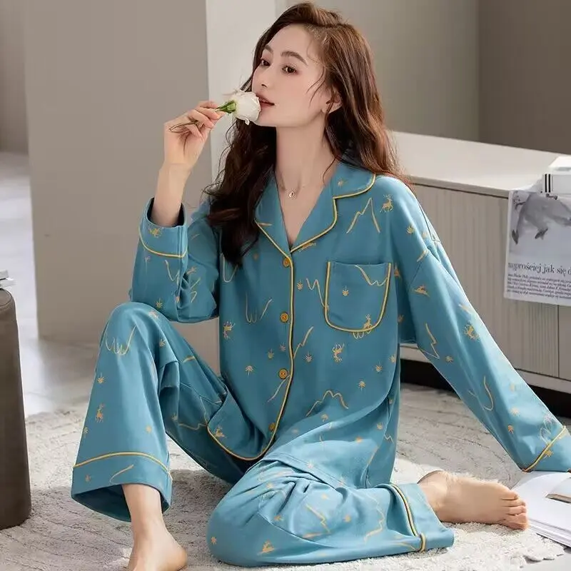 Spring Autumn Women's 100% Pure Cotton Pajamas Lapel Long Sleeve Cardigan Oversized Loose Home Clothing Set Sweet Sleepwear