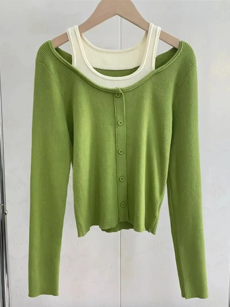 

Korea Chic Contrast Color O-neck Hollow Out Fake Two-piece Cardigan Sweater Casual Loose Knitwear Tops Autumn X567