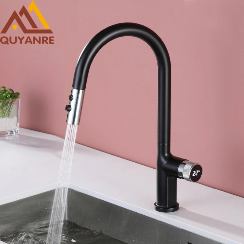 brass kitchen tap Black Chrome Digital Display Kitchen Faucet Pull Out Spray Hot Cold Water Mixer Tap For Kitchen Temperature Display Faucet new kitchen sink