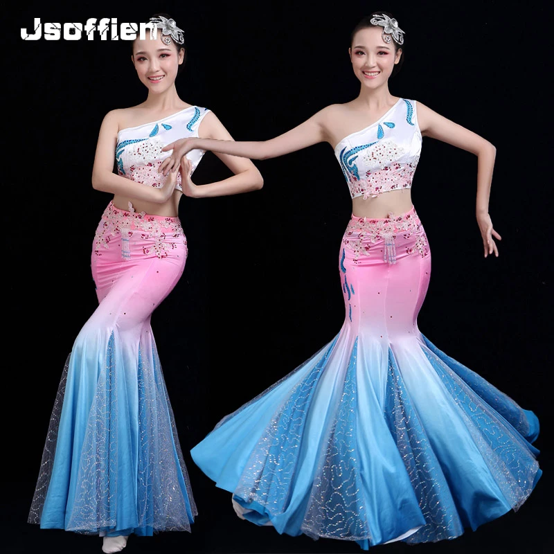 high quality gradient Dai dance costume Fishtail hmong dancing dress