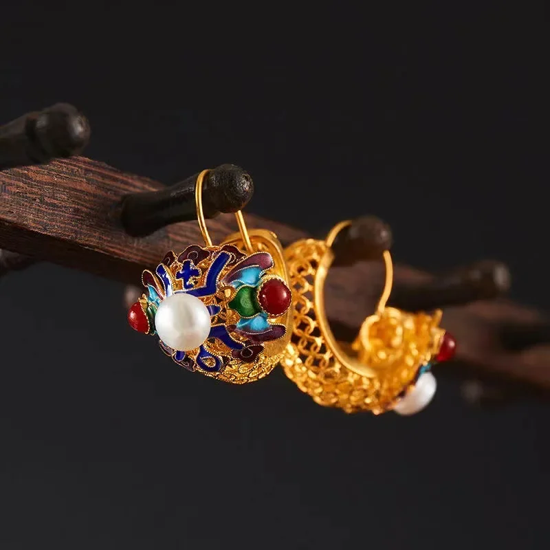 Chinoiserie Chinese Style Vintage Enamel Copper Alloy Filigree Shou Figure Earrings for Women Party Hanfu Cheongsam Wedding Gift