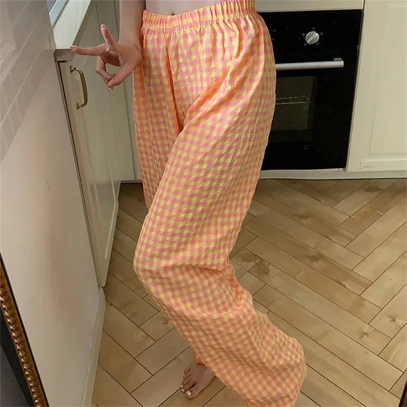 Women Sweatpants Oversized Plaid Wide Leg Casual Loose Elastic High Waist Trousers Harajuku Female Home Clothing