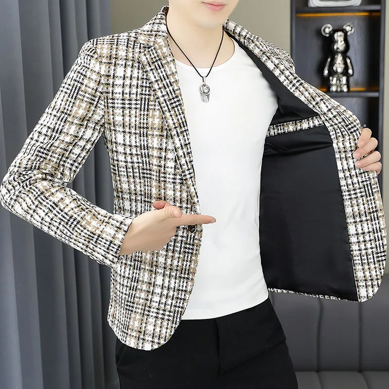 Blazer Men's Fashion Gentleman Business Outdoor Travel Plaid Slim-fit Korean Version of The Trend Handsome Youth Casual Blazer