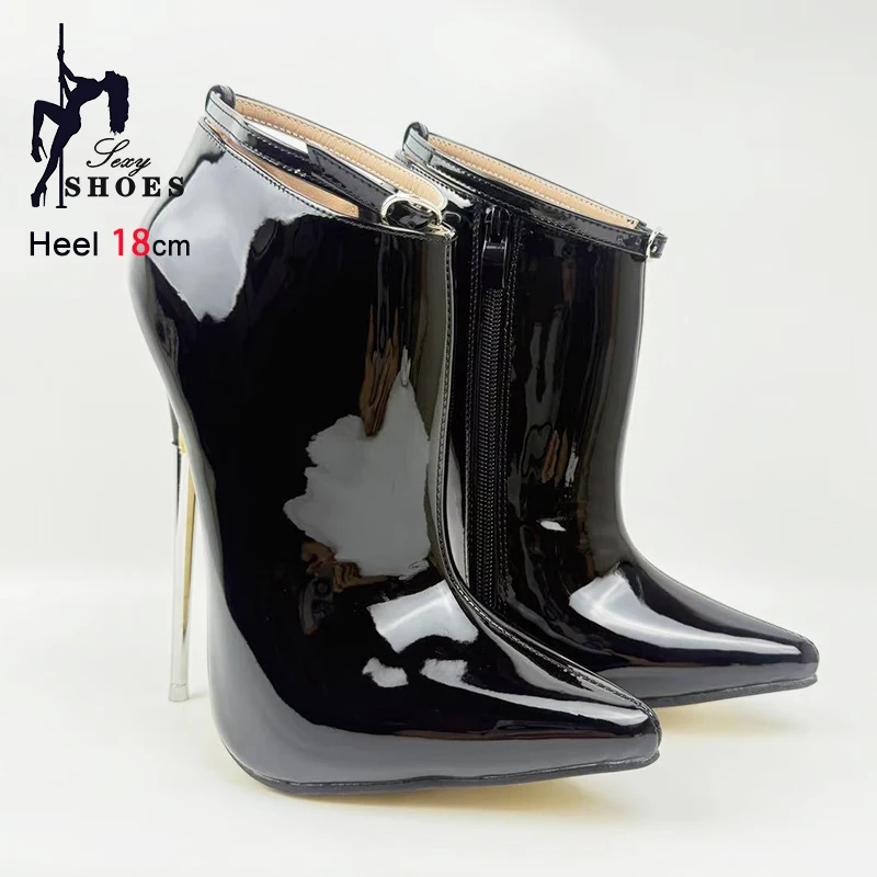 2025 New Women Fashion Ballet Boots 18CM Ultra high heels Glossy Black Pointed Short Boots Metal Stiletto Side Zip Fetish Shoes