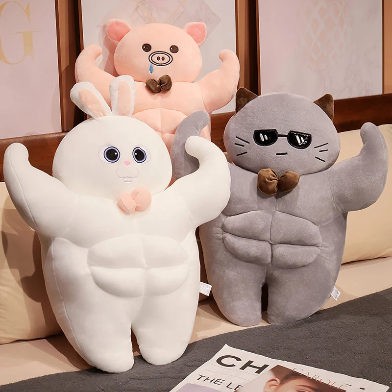 

Funny Muscle Cartoon Animals Dolls Plush Toys Soft Stuffed Kawaii Strong Pig Cat Bunny Long Pillow for Kids Birthday Gifts Decor