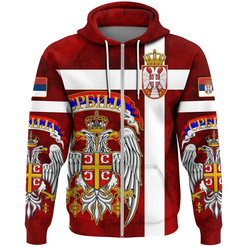 thumbnail image 1 of Sudadera con capucha de manga larga con estampado de la bandera de Serbia para hombre, informal, a la moda, para uso diario, con emblema nacional de Serbia, con cremallera y estampado completo, 1 of 5