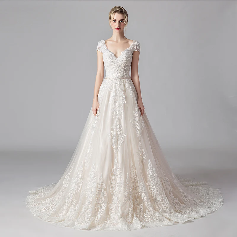 

Cap Sleeves Beading A Line Wedding Dresses Arabian Aso Ebi Satin Lace Beaded Bridal Gowns Sexy Mermaid Deep V Neck 5925