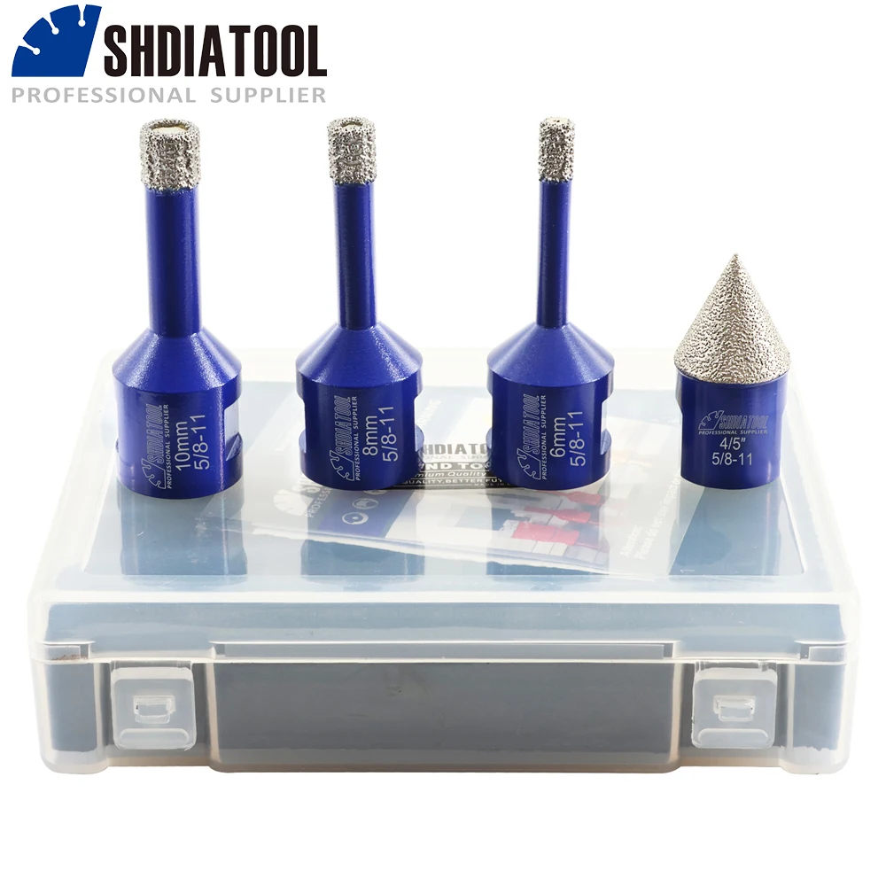 SHDIATOOL Diamond Drill Bits 4pcs/set Dia 6/8/10mm Core Bits+20mm Chamfer Bit for Porcelain Tile Granite Marble 5/8-11 Hole Saw bgtec 1pc m14 20mm diamond milling bits grinding granite marble tile porcelain quartz polishing hole saw diamond chamfer bits