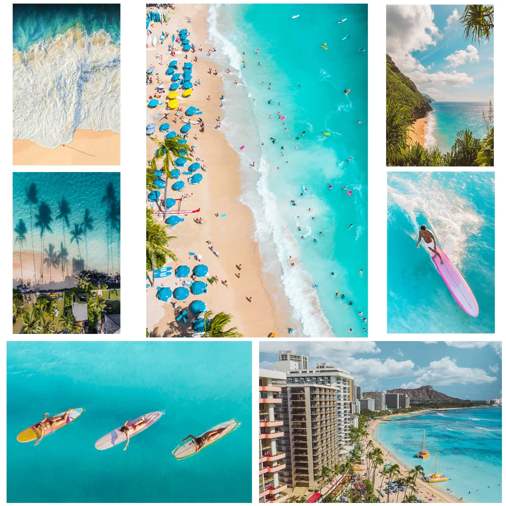 

Modern Home Decor Landscape Poster Tropical Blue Sea Beach Prints Waikiki Sands Hawaii Beach Canvas Painting Hot Surf Pictures