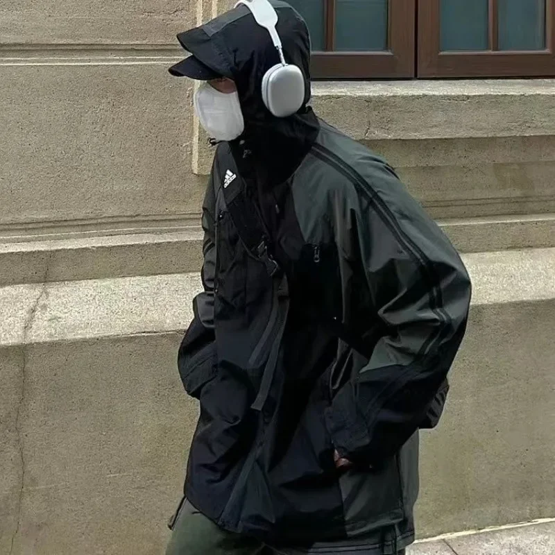 Deeptown Vintage Black Hooded Jackets Women Y2k Oversize Windbreaker Japanese Style Techwear Harajuku Street Zipper Track Jacket