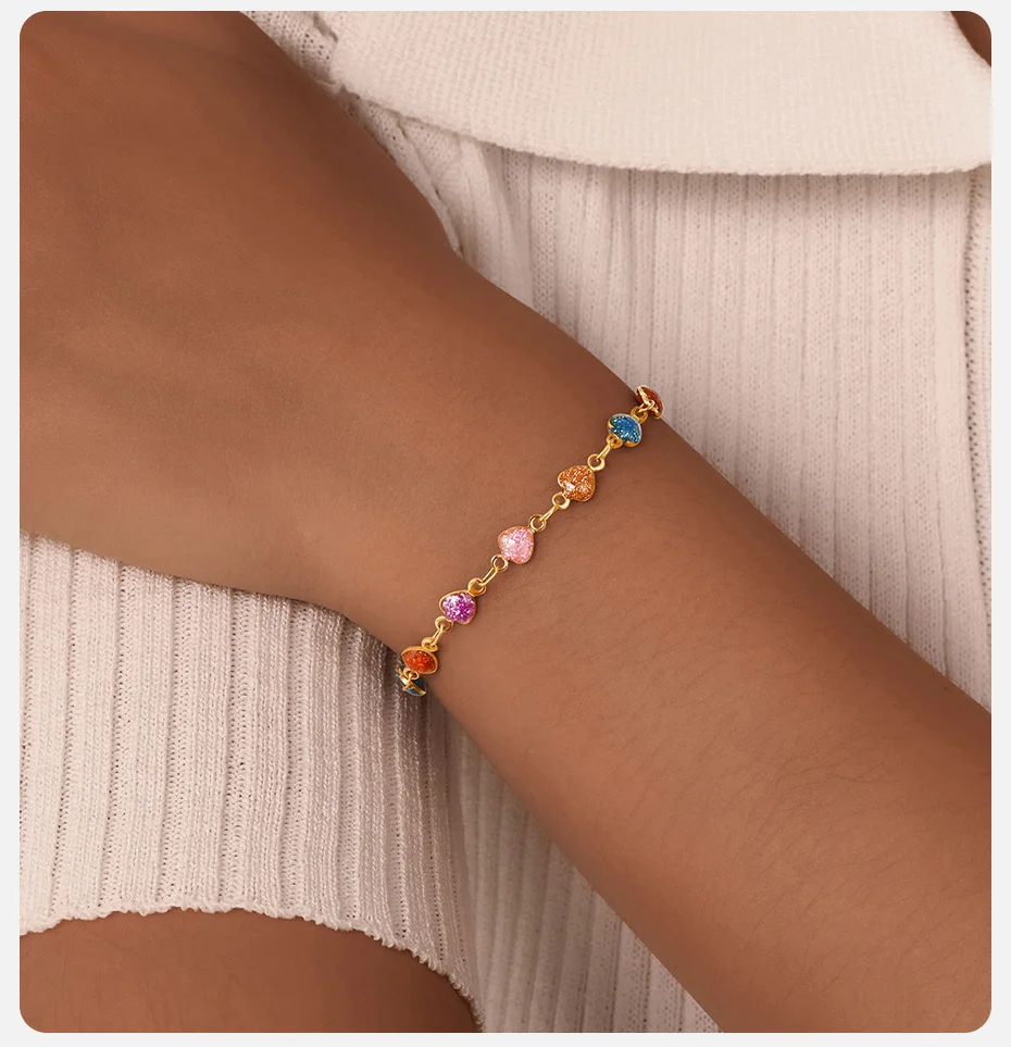 Vnox Neue Ankunft Bunte Emaille Herz Blume Schmetterling Links Kette Armbänder für Mädchen, Y2K Armband Einstellbare Retro Schmuck – Detail 3