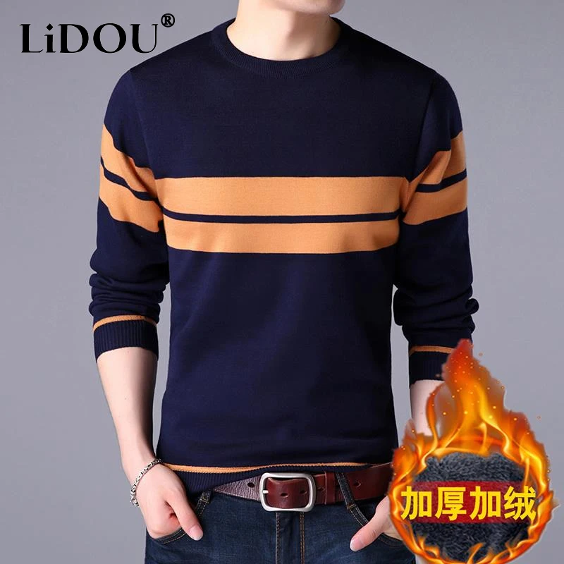 Autumn Winter New Striped Fashion Long Sleeve Sweater Men High Street Casual Loose Pullovers Plus Velvet All-match Y2K Tops