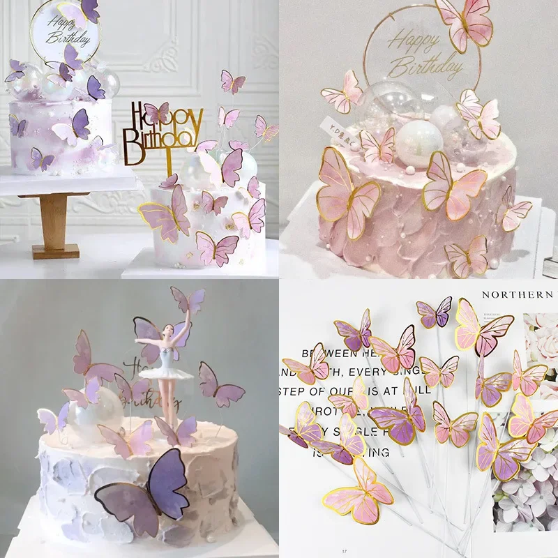 Cake Topper 10pcs Stamping Gold Pink Butterfly Cake Toppers Princess Girl Wedding Happy Birthday Party Decor Dessert Cake Decor Butterfly