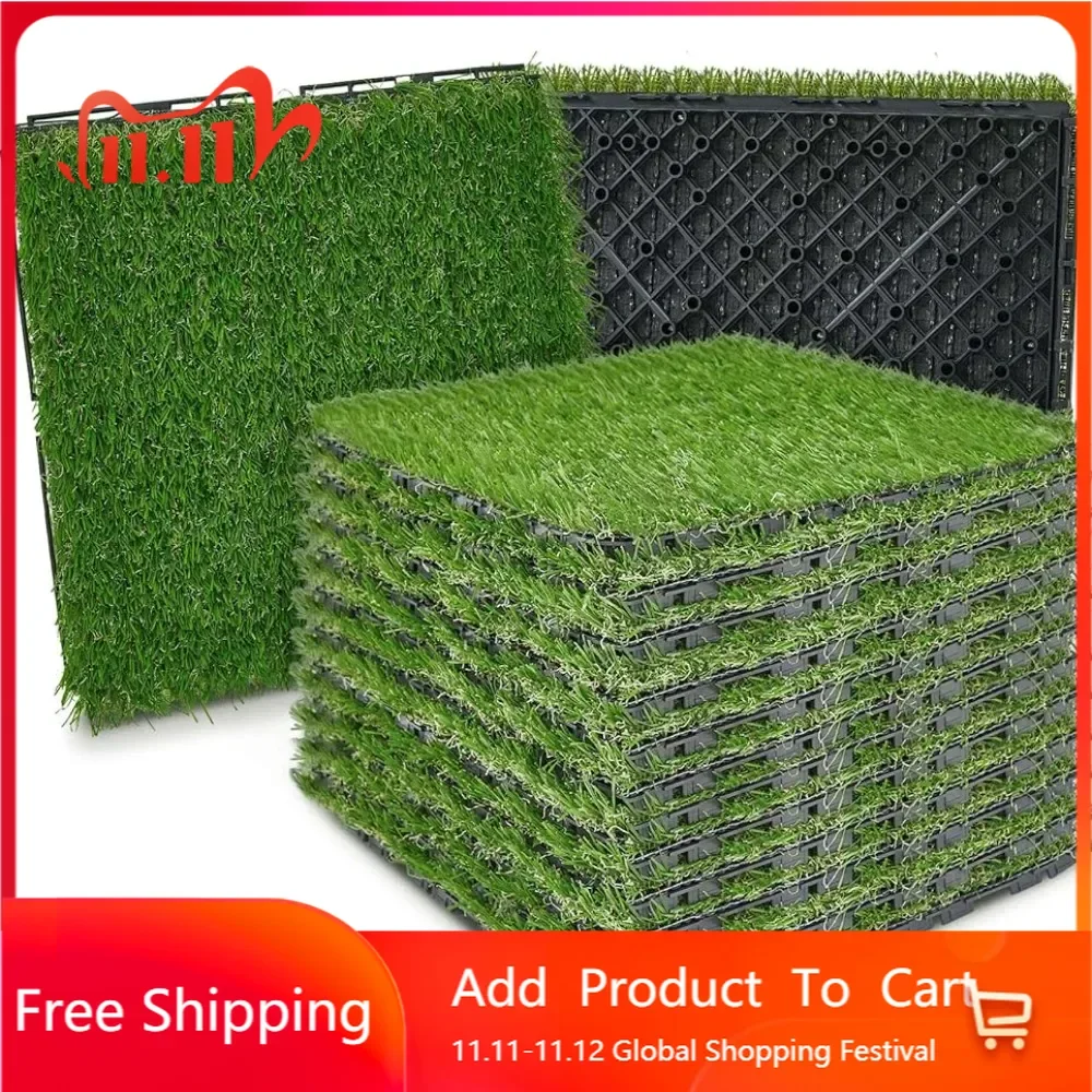 32 Pack Artificial Grass Turf Interlocking Deck Tiles 12" X 12"Thick Synthetic Square Fake Grass Interlocking Turf Self Draining