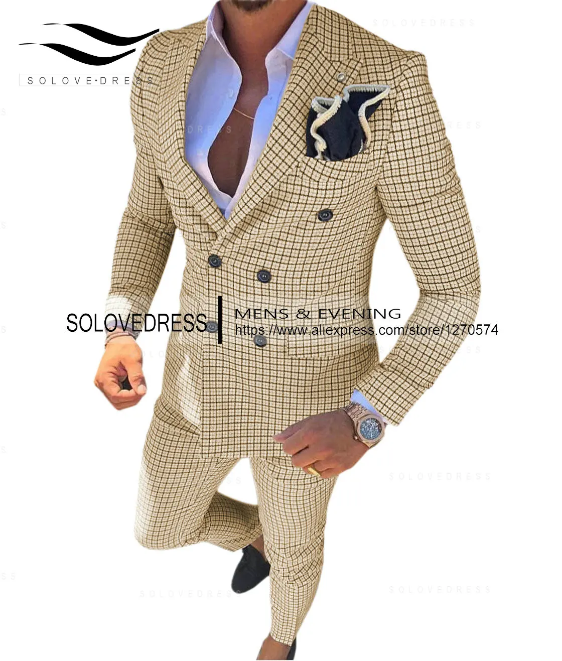 SOLOVEDRESS Men's Suit Brown Double Breasted Slim Fit Prom Dress Party Travel Groomsman Blazer + Pants solovedress 2023 new men s suit slim fit 2 piece pocket white lapel fashion double breasted groom best man wedding party