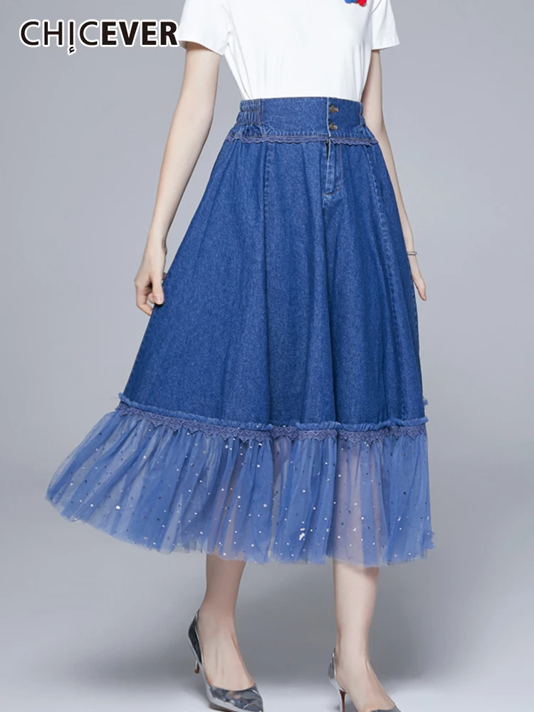 

CHICEVER Streetwear Denim Midi Skirt for Women High Waist a Line Loose Lace Panel Casual Long Skirts Female Summer Clothing New