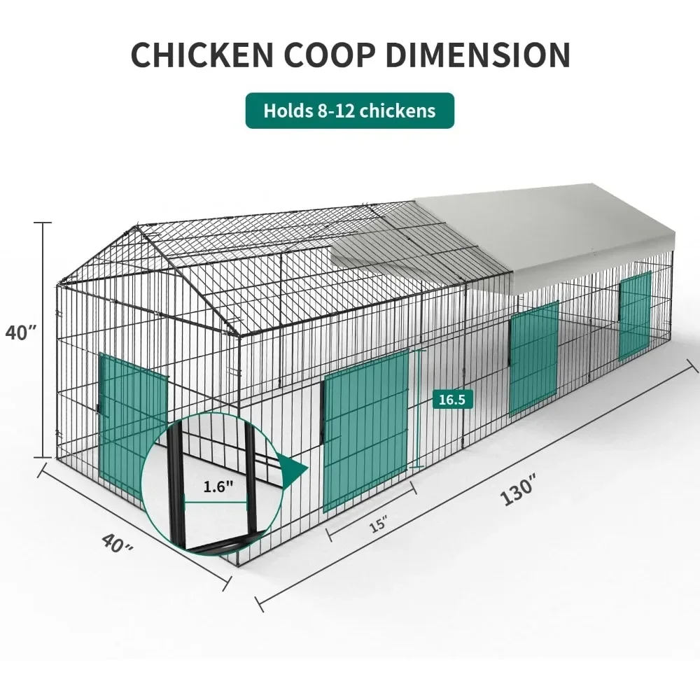 Chicken Coop 130” X 40” Chicken Run Pen with Waterproof Cover Outside Portable Chicken Cage Enclosure Tractor 6