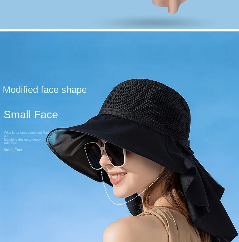 Sommerhut für Damen, mit Schal, leicht, atmungsaktiv, Netzstoff, Gesichts- und Nackenschutz, Sonnenhut mit Schleife, Falten-Design, für Reisen und Strand_voghion.com