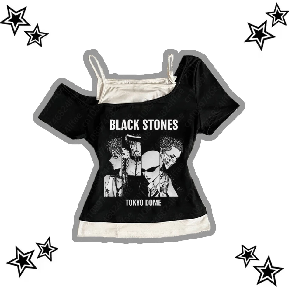 Vintage 90s Punk Gothic Streetwear Women's T-Shirt Emo Y2K Suspenders Top Harajuku Aesthetic Anime Tees Sexy 2000s Clothing 1